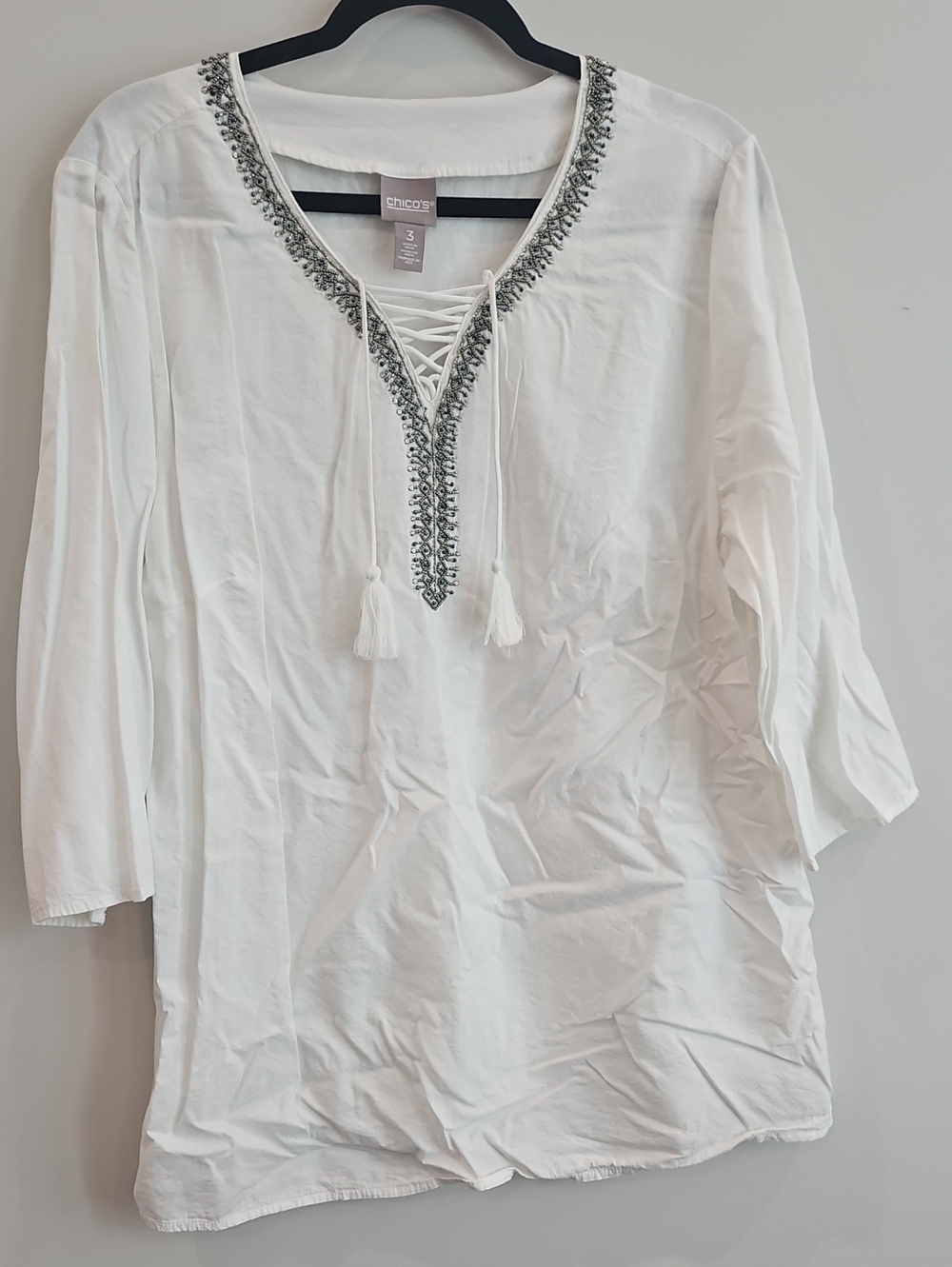 Chico's White Embroidered Lace Up Peasant Tunic Blouse Size 3 Fits US 16 18 Tass